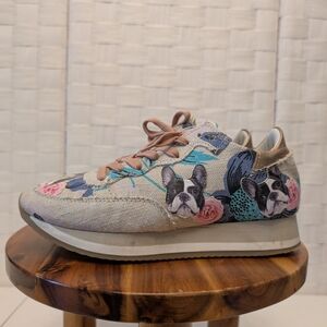 Philippe Model Tropez French Bulldog Floral Canvas Sneakers Rose Gold 37